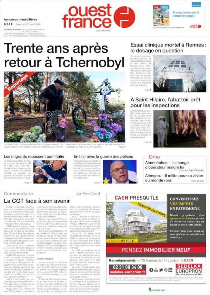 Couv ouest-france du 20 avril 2016