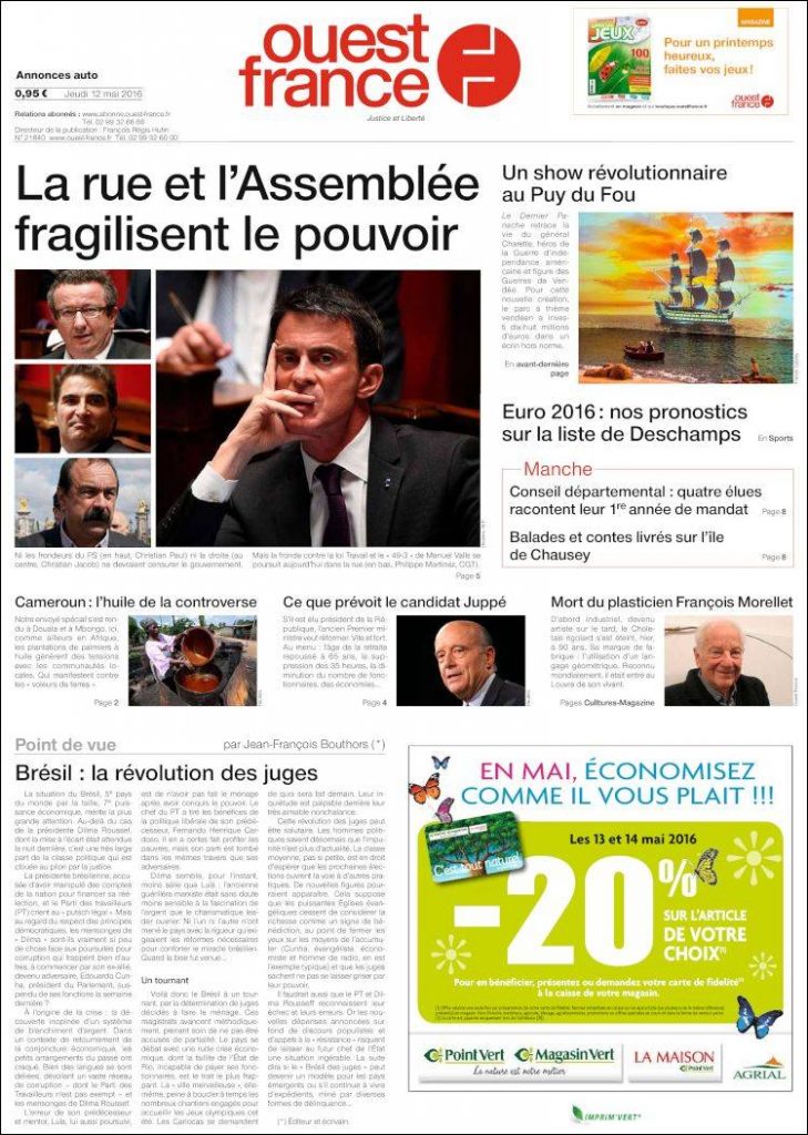 Couv de Ouest-France du 12 mai 2016